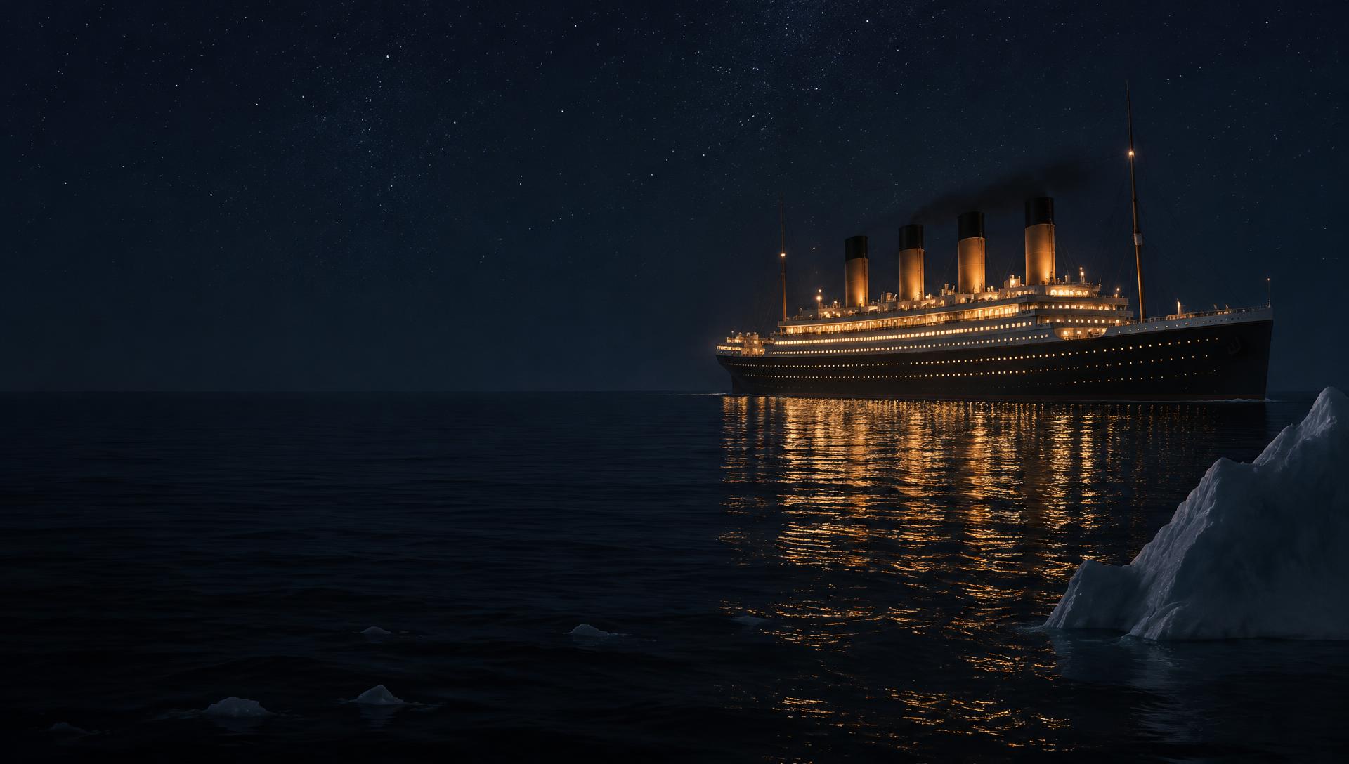 Transatlántico de cuatro chimeneas en 1912, de noche y a lo lejos, con todas sus luces encendidas sobre un mar en calma; un iceberg apenas visible en la oscuridad. Atmósfera, no catástrofe: nada de hundimiento ni personas. Alternativa: fotografía de archivo del Titanic en dominio público, con fuente verificada.